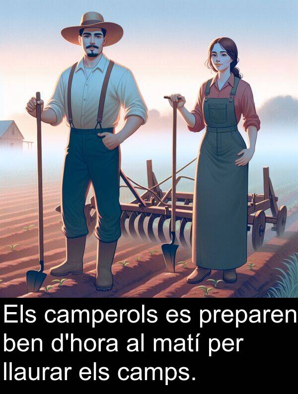 camperols: Els camperols es preparen ben d'hora al matí per llaurar els camps.