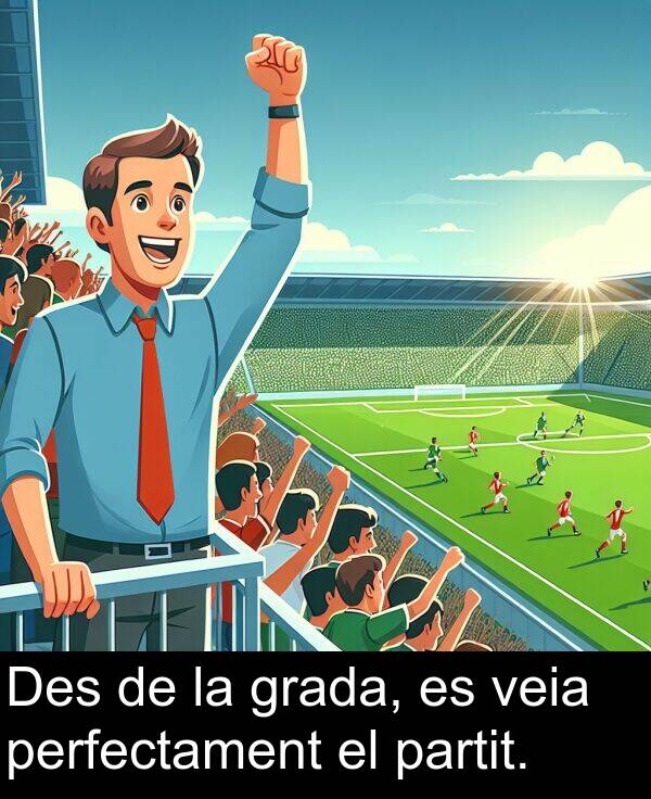 perfectament: Des de la grada, es veia perfectament el partit.