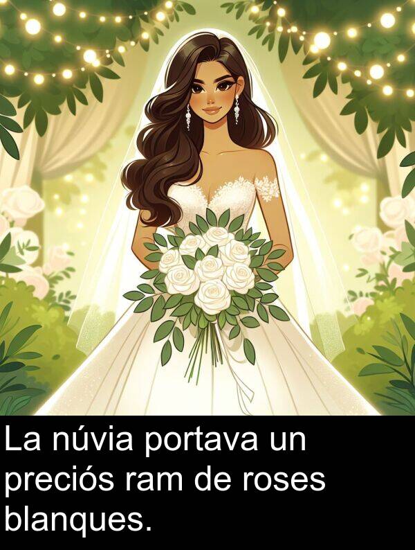núvia: La núvia portava un preciós ram de roses blanques.