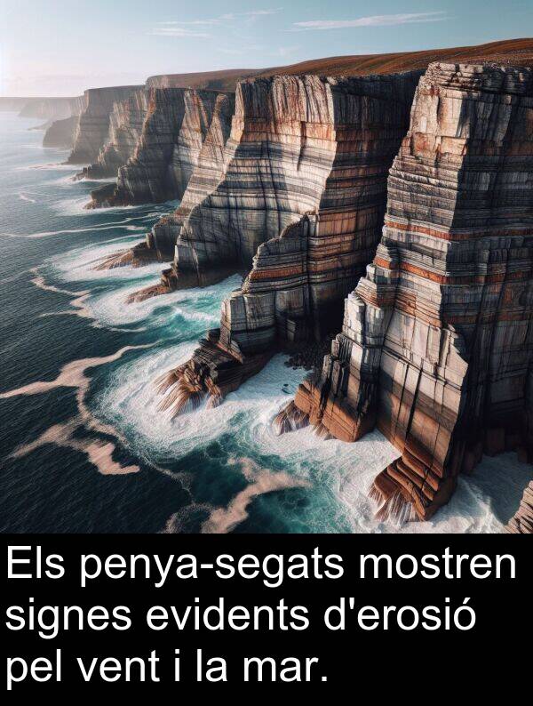 signes: Els penya-segats mostren signes evidents d'erosió pel vent i la mar.