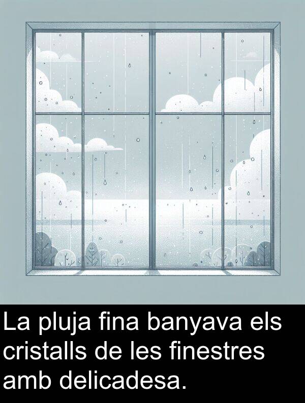 delicadesa: La pluja fina banyava els cristalls de les finestres amb delicadesa.