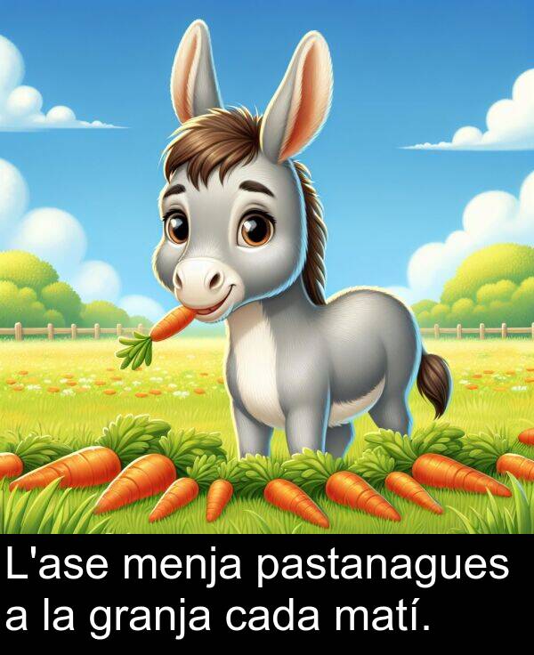 cada: L'ase menja pastanagues a la granja cada matí.