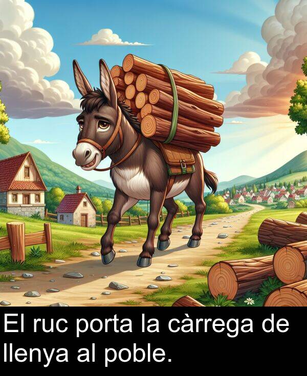 porta: El ruc porta la càrrega de llenya al poble.