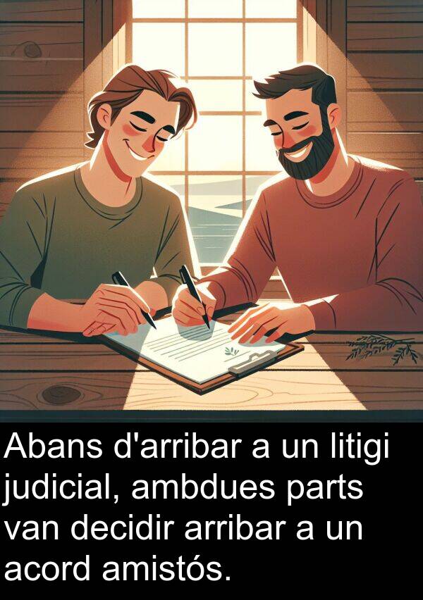 decidir: Abans d'arribar a un litigi judicial, ambdues parts van decidir arribar a un acord amistós.