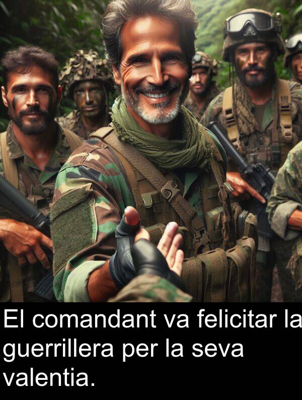 felicitar: El comandant va felicitar la guerrillera per la seva valentia.