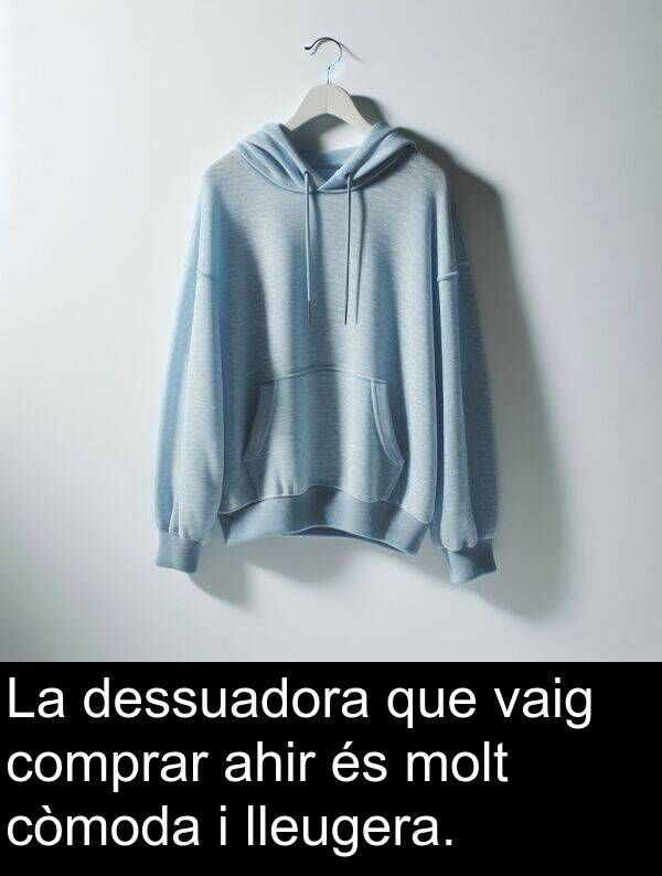 lleugera: La dessuadora que vaig comprar ahir és molt còmoda i lleugera.