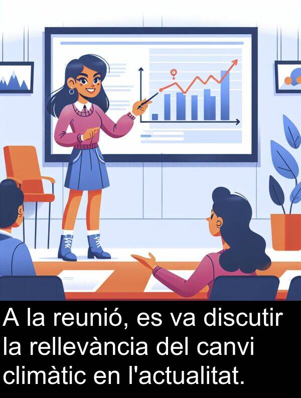 discutir: A la reunió, es va discutir la rellevància del canvi climàtic en l'actualitat.