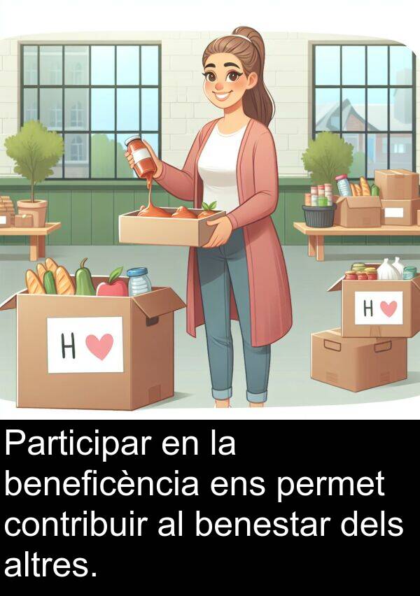 contribuir: Participar en la beneficència ens permet contribuir al benestar dels altres.