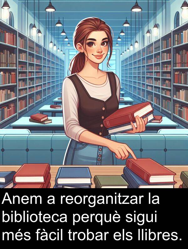 llibres: Anem a reorganitzar la biblioteca perquè sigui més fàcil trobar els llibres.