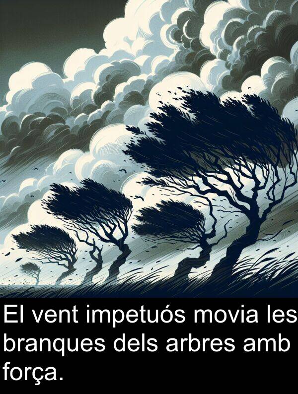 vent: El vent impetuós movia les branques dels arbres amb força.