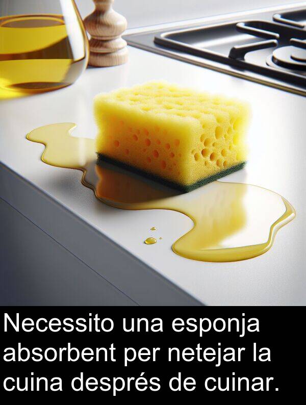 netejar: Necessito una esponja absorbent per netejar la cuina després de cuinar.