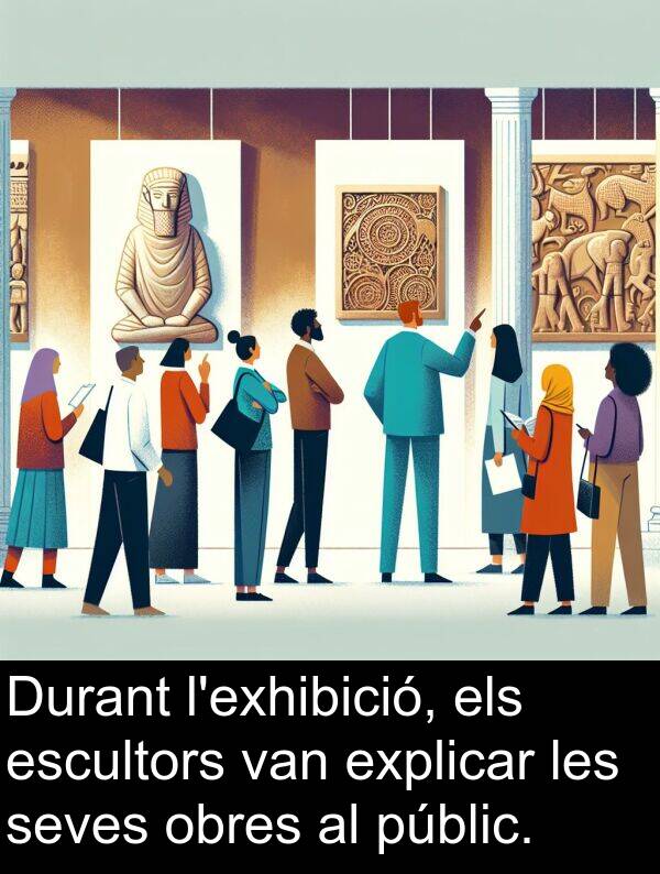 explicar: Durant l'exhibició, els escultors van explicar les seves obres al públic.