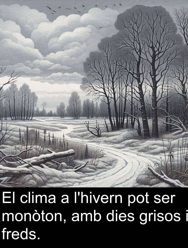 grisos: El clima a l'hivern pot ser monòton, amb dies grisos i freds.