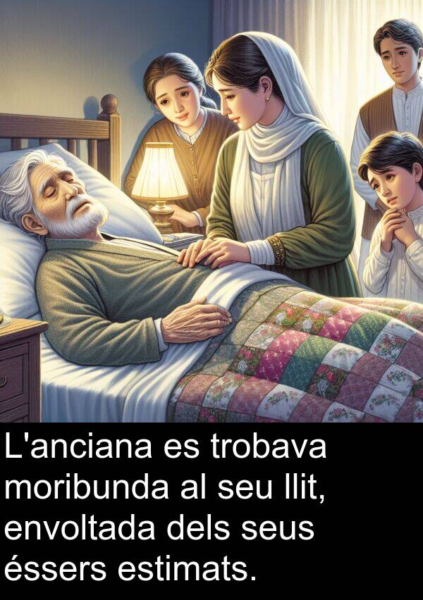 envoltada: L'anciana es trobava moribunda al seu llit, envoltada dels seus éssers estimats.
