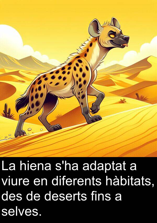 hàbitats: La hiena s'ha adaptat a viure en diferents hàbitats, des de deserts fins a selves.