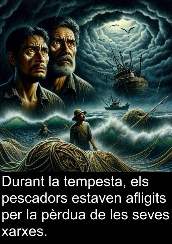 tempesta: Durant la tempesta, els pescadors estaven afligits per la pèrdua de les seves xarxes.