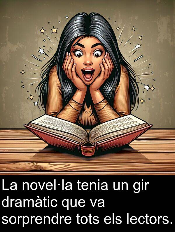 sorprendre: La novel·la tenia un gir dramàtic que va sorprendre tots els lectors.