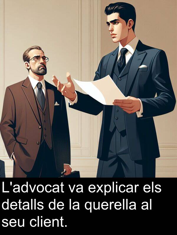 explicar: L'advocat va explicar els detalls de la querella al seu client.