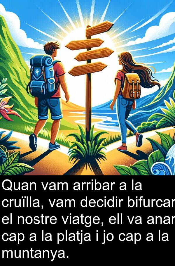 muntanya: Quan vam arribar a la cruïlla, vam decidir bifurcar el nostre viatge, ell va anar cap a la platja i jo cap a la muntanya.