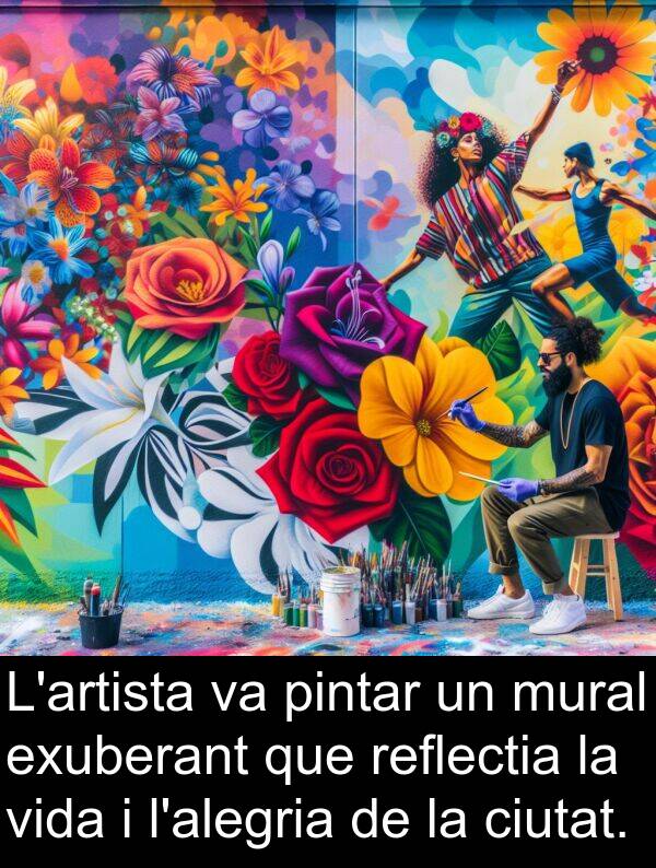 pintar: L'artista va pintar un mural exuberant que reflectia la vida i l'alegria de la ciutat.