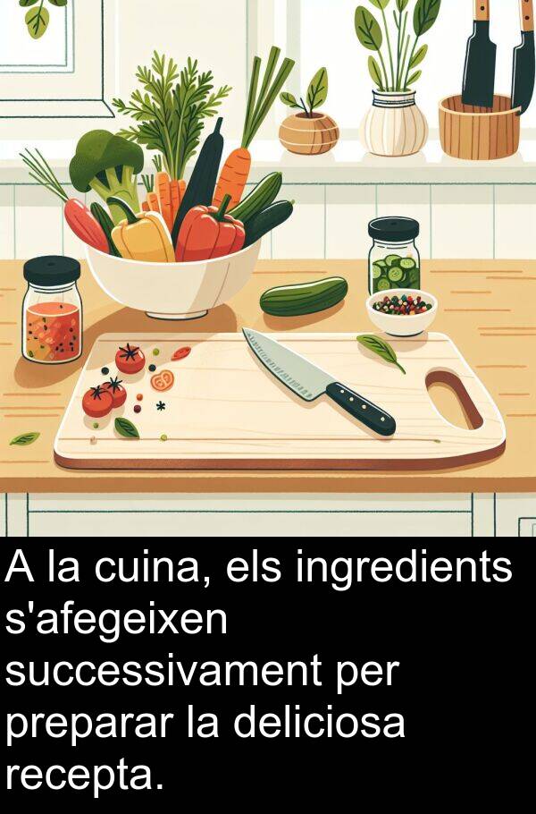deliciosa: A la cuina, els ingredients s'afegeixen successivament per preparar la deliciosa recepta.