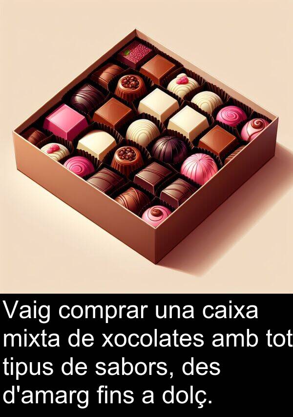 caixa: Vaig comprar una caixa mixta de xocolates amb tot tipus de sabors, des d'amarg fins a dolç.