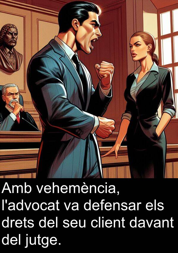 davant: Amb vehemència, l'advocat va defensar els drets del seu client davant del jutge.
