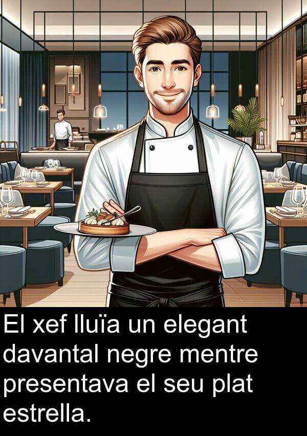 lluïa: El xef lluïa un elegant davantal negre mentre presentava el seu plat estrella.