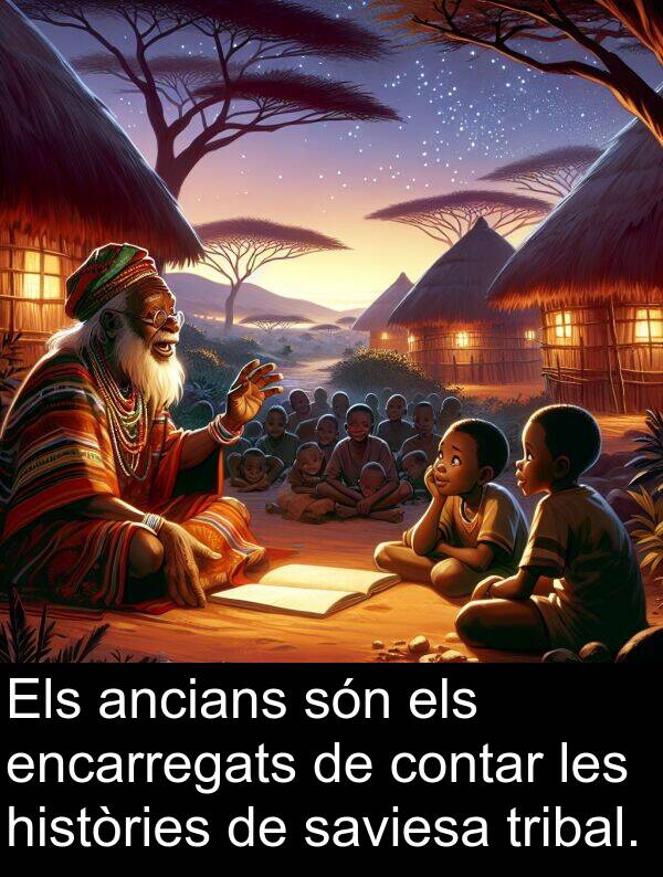 encarregats: Els ancians són els encarregats de contar les històries de saviesa tribal.