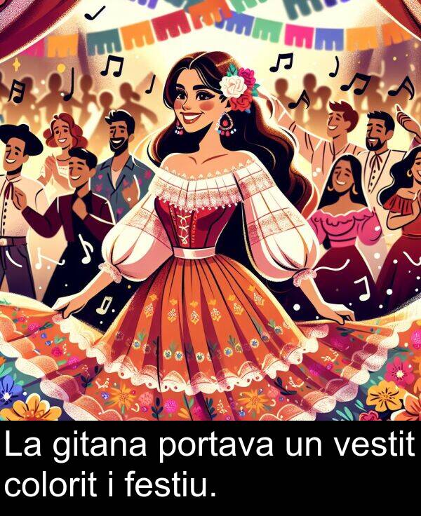 festiu: La gitana portava un vestit colorit i festiu.