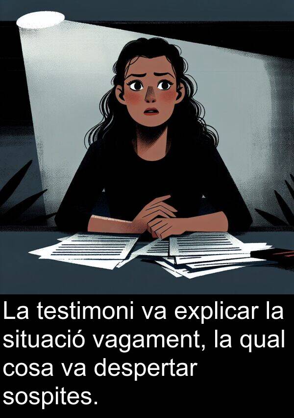 explicar: La testimoni va explicar la situació vagament, la qual cosa va despertar sospites.