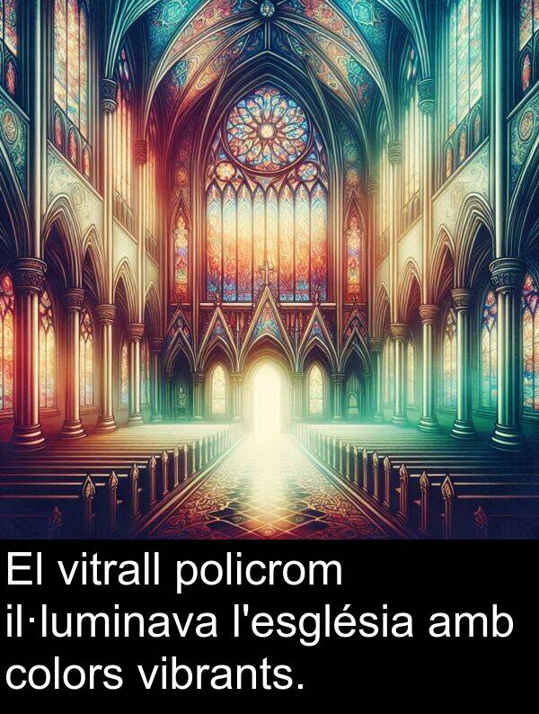 policrom: El vitrall policrom il·luminava l'església amb colors vibrants.