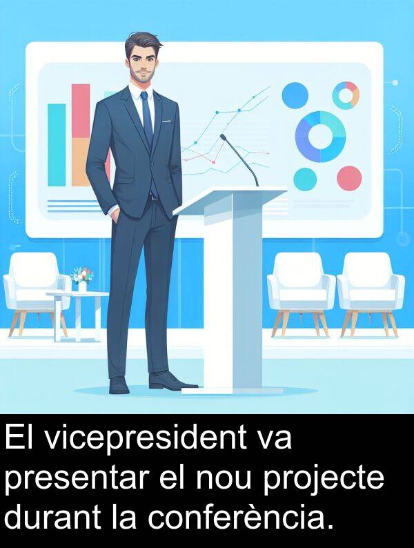 vicepresident: El vicepresident va presentar el nou projecte durant la conferència.