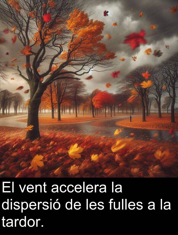 vent: El vent accelera la dispersió de les fulles a la tardor.