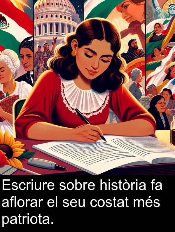 aflorar: Escriure sobre història fa aflorar el seu costat més patriota.