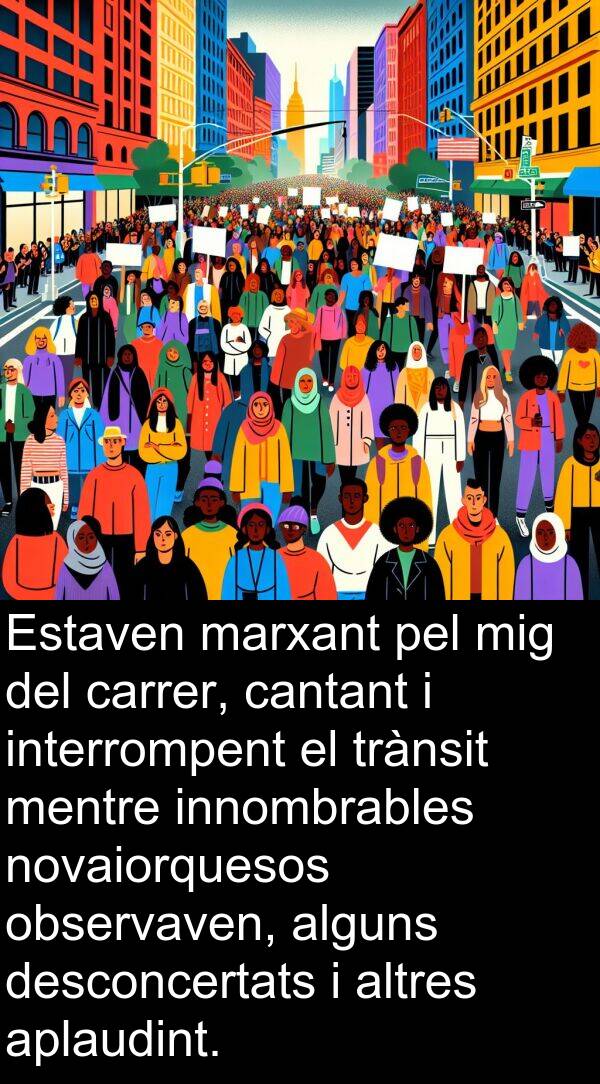 novaiorquesos: Estaven marxant pel mig del carrer, cantant i interrompent el trànsit mentre innombrables novaiorquesos observaven, alguns desconcertats i altres aplaudint.