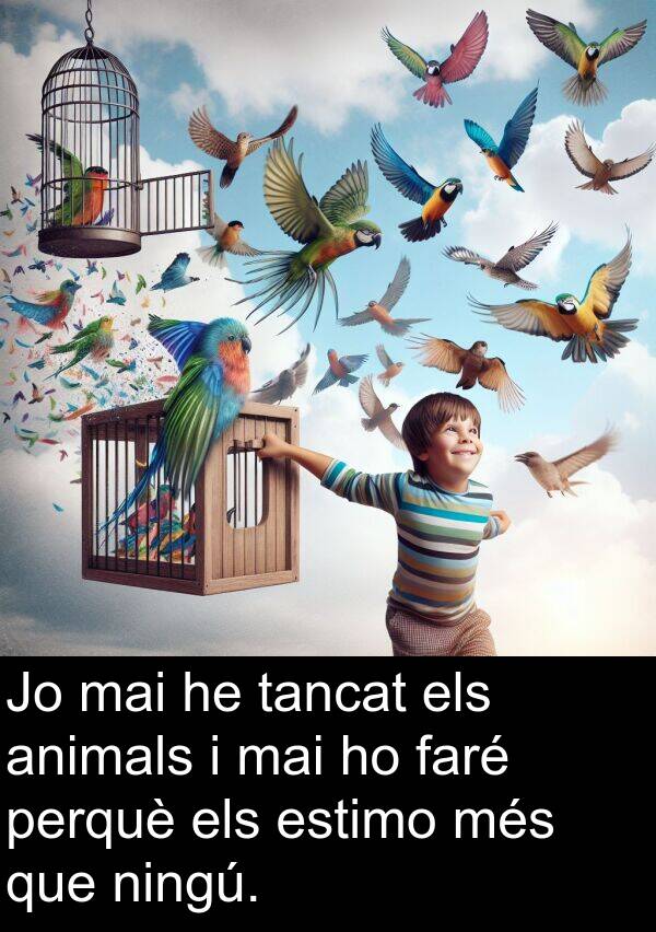 ningú: Jo mai he tancat els animals i mai ho faré perquè els estimo més que ningú.