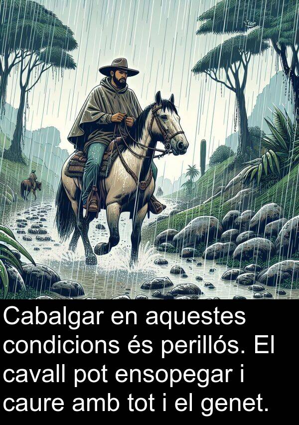 caure: Cabalgar en aquestes condicions és perillós. El cavall pot ensopegar i caure amb tot i el genet.