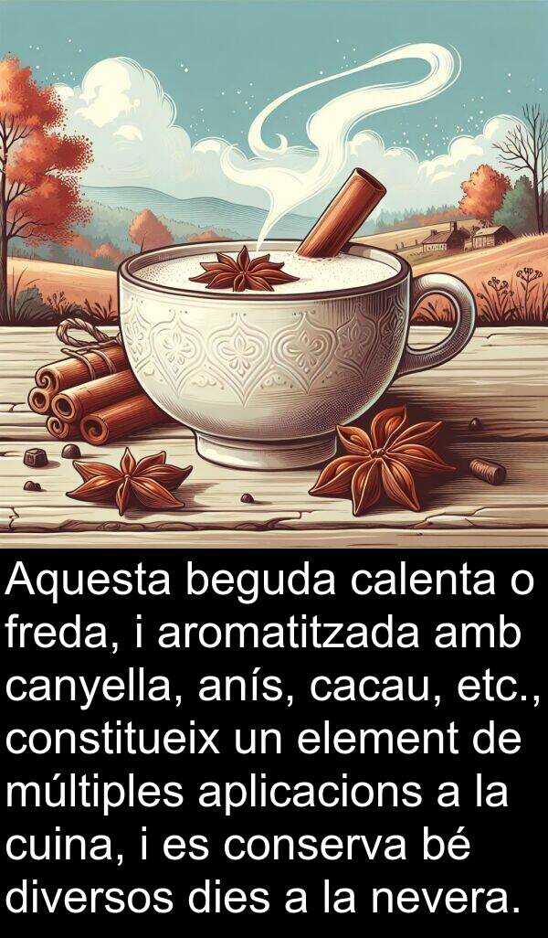 freda: Aquesta beguda calenta o freda, i aromatitzada amb canyella, anís, cacau, etc., constitueix un element de múltiples aplicacions a la cuina, i es conserva bé diversos dies a la nevera.