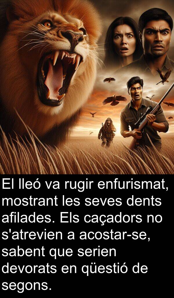 lleó: El lleó va rugir enfurismat, mostrant les seves dents afilades. Els caçadors no s'atrevien a acostar-se, sabent que serien devorats en qüestió de segons.