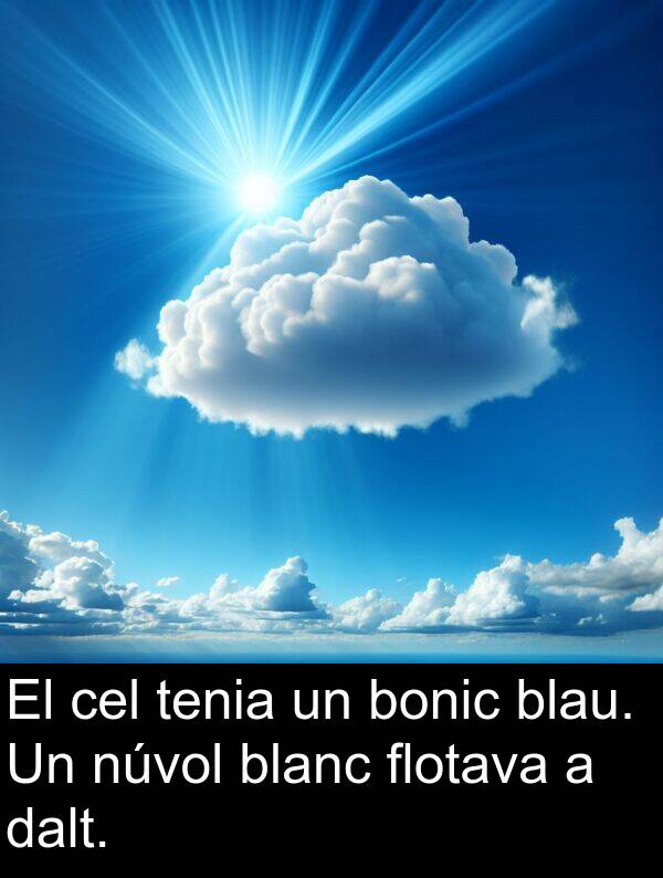 bonic: El cel tenia un bonic blau. Un núvol blanc flotava a dalt.