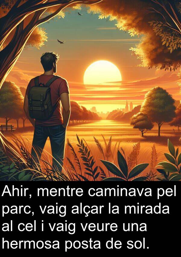 mirada: Ahir, mentre caminava pel parc, vaig alçar la mirada al cel i vaig veure una hermosa posta de sol.