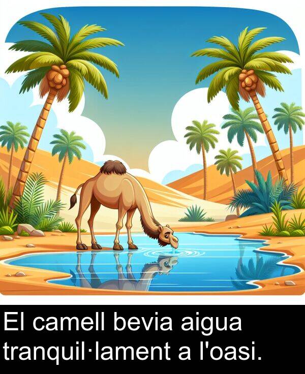 camell: El camell bevia aigua tranquil·lament a l'oasi.