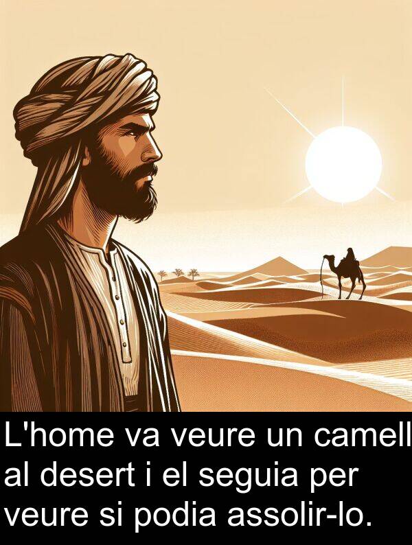 seguia: L'home va veure un camell al desert i el seguia per veure si podia assolir-lo.