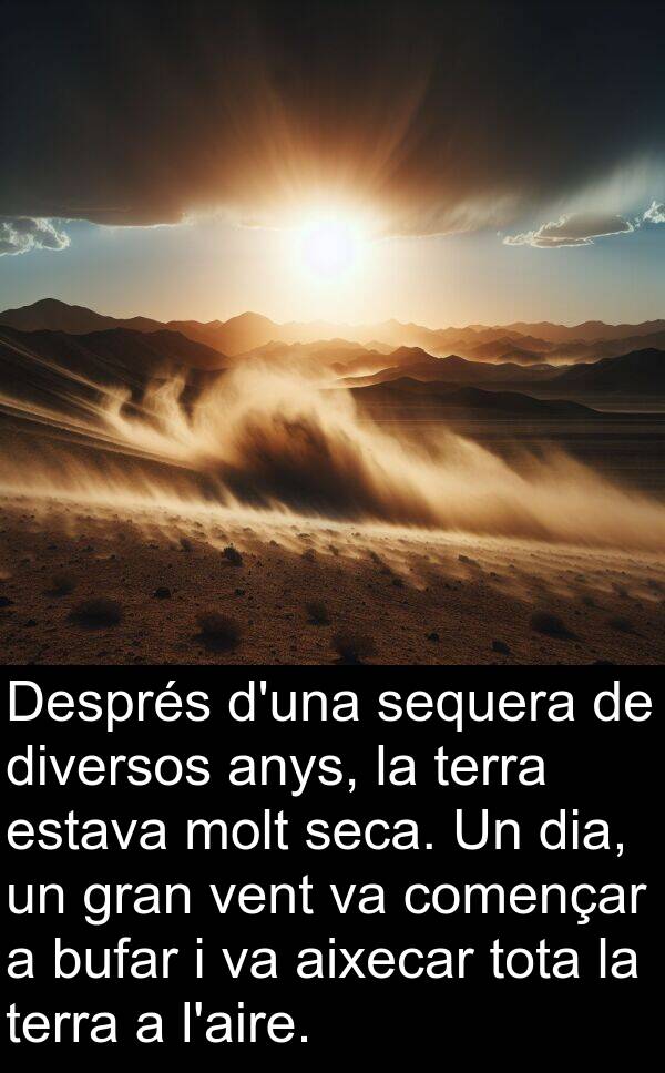 diversos: Després d'una sequera de diversos anys, la terra estava molt seca. Un dia, un gran vent va començar a bufar i va aixecar tota la terra a l'aire.