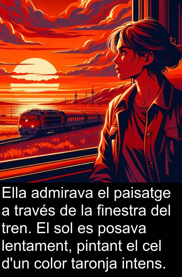 tren: Ella admirava el paisatge a través de la finestra del tren. El sol es posava lentament, pintant el cel d'un color taronja intens.