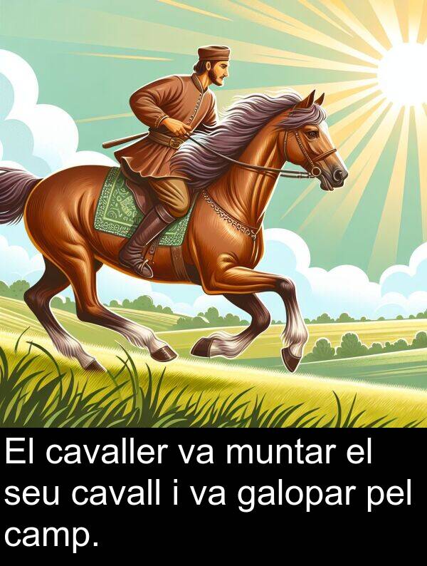muntar: El cavaller va muntar el seu cavall i va galopar pel camp.