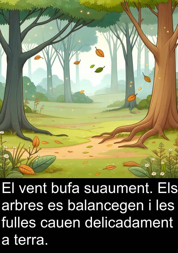 vent: El vent bufa suaument. Els arbres es balancegen i les fulles cauen delicadament a terra.