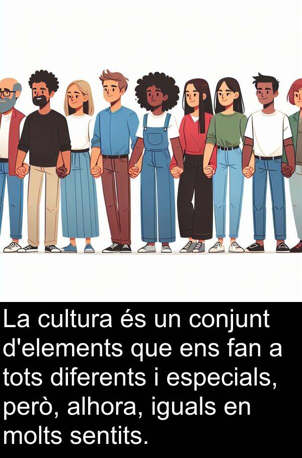 alhora: La cultura és un conjunt d'elements que ens fan a tots diferents i especials, però, alhora, iguals en molts sentits.
