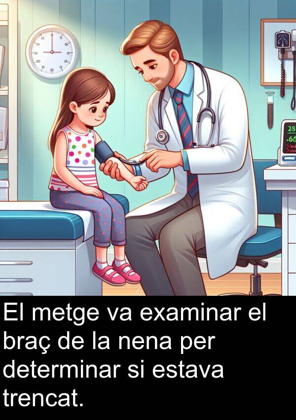 trencat: El metge va examinar el braç de la nena per determinar si estava trencat.